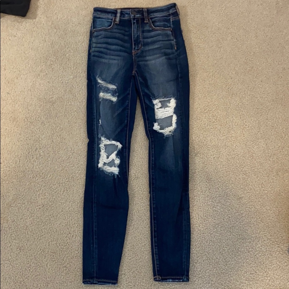 AE highest rise dark wash jeggings with rips